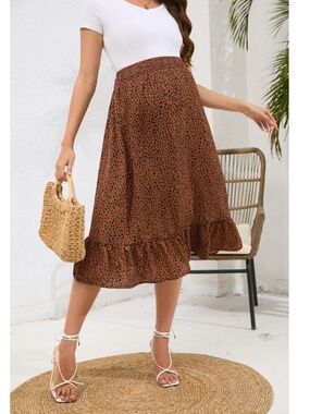 Leopard Print Maternity High Waisted Elastic Maxi Flowy Skirt